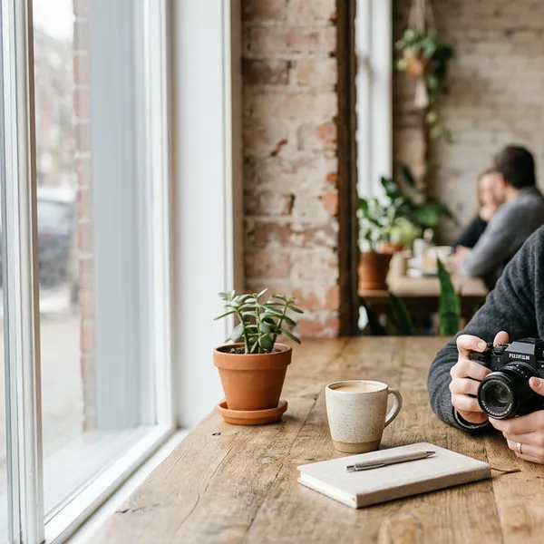 man holding camera sitting at cafe table warm natural light