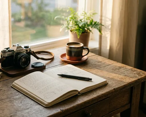 Aesthetic cozy workspace with books film camera and warm morning sunlight