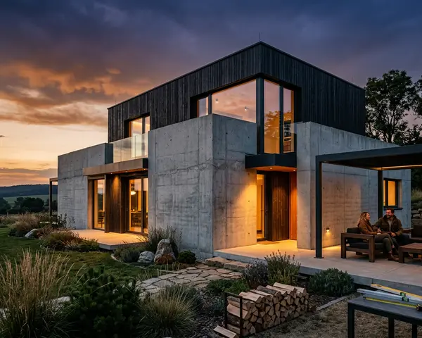 Modern concrete and wood family house architecture sunset
