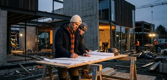 Civil engineer reviewing architectural blueprints on construction site