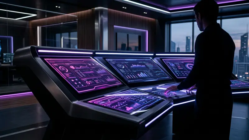 futuristic digital operations dashboard glowing dark theme