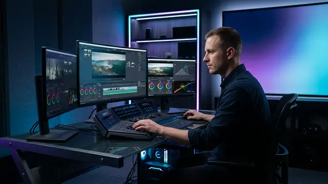 video editor working on timeline color grading screens workstation