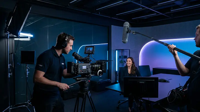 professional camera crew filming corporate video modern studio lighting