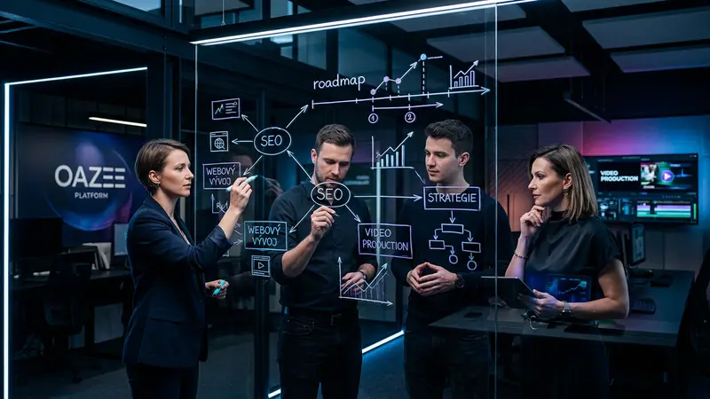 team planning digital marketing strategy roadmap on dark glass board