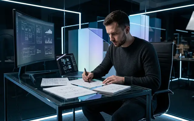 web designer analyzing digital project budget and wireframes