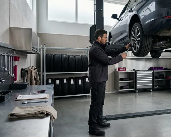 modern clean auto repair garage with car on hydraulic lift