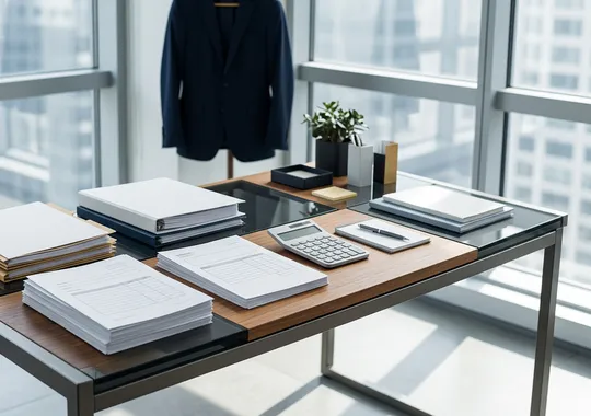 minimalist modern accounting office desk with documents and calculator