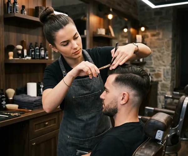 barber styling mans hair with precision scissors