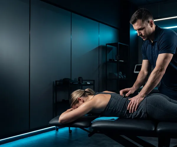 physiotherapist treating athletic client spine and joint in dark modern clinic with blue lighting