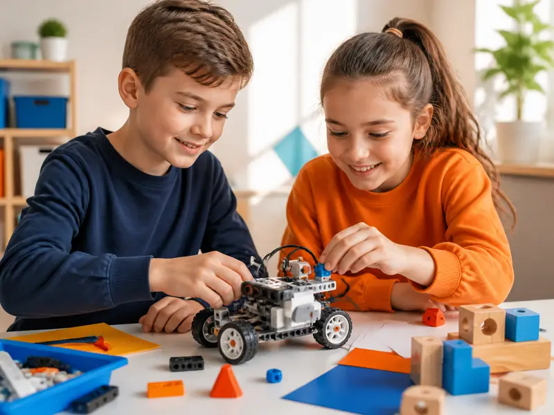 kids building and programming small robotic vehicle with colorful components