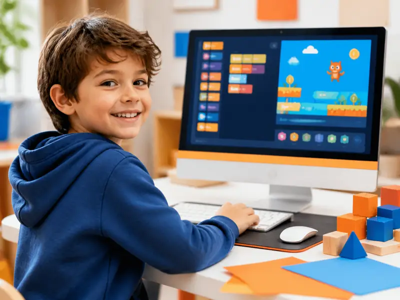 young child coding a game on colorful computer interface smiling
