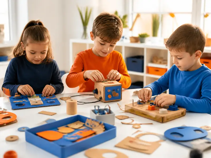 creative craft table with paper cardboard electronics and children crafting