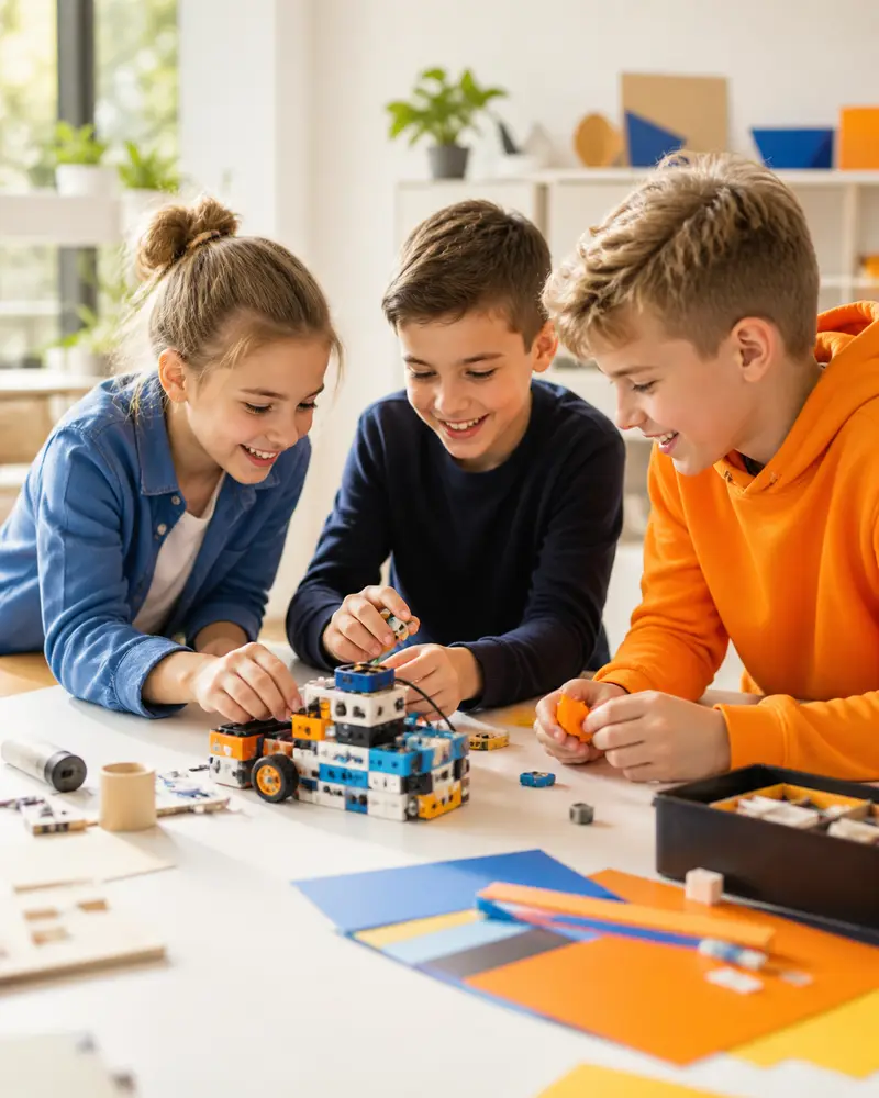 kids collaborating cheerfully over a colorful tech project in classroom