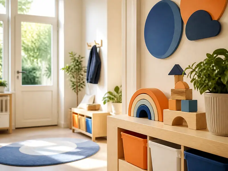 warm welcoming entrance corner of children education center with wooden toys