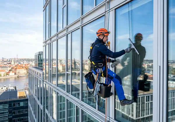 Professional high rise window cleaner working on glass skyscraper facade