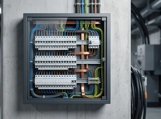 Modern electrical switchboard with neatly organized copper wires and circuit breakers