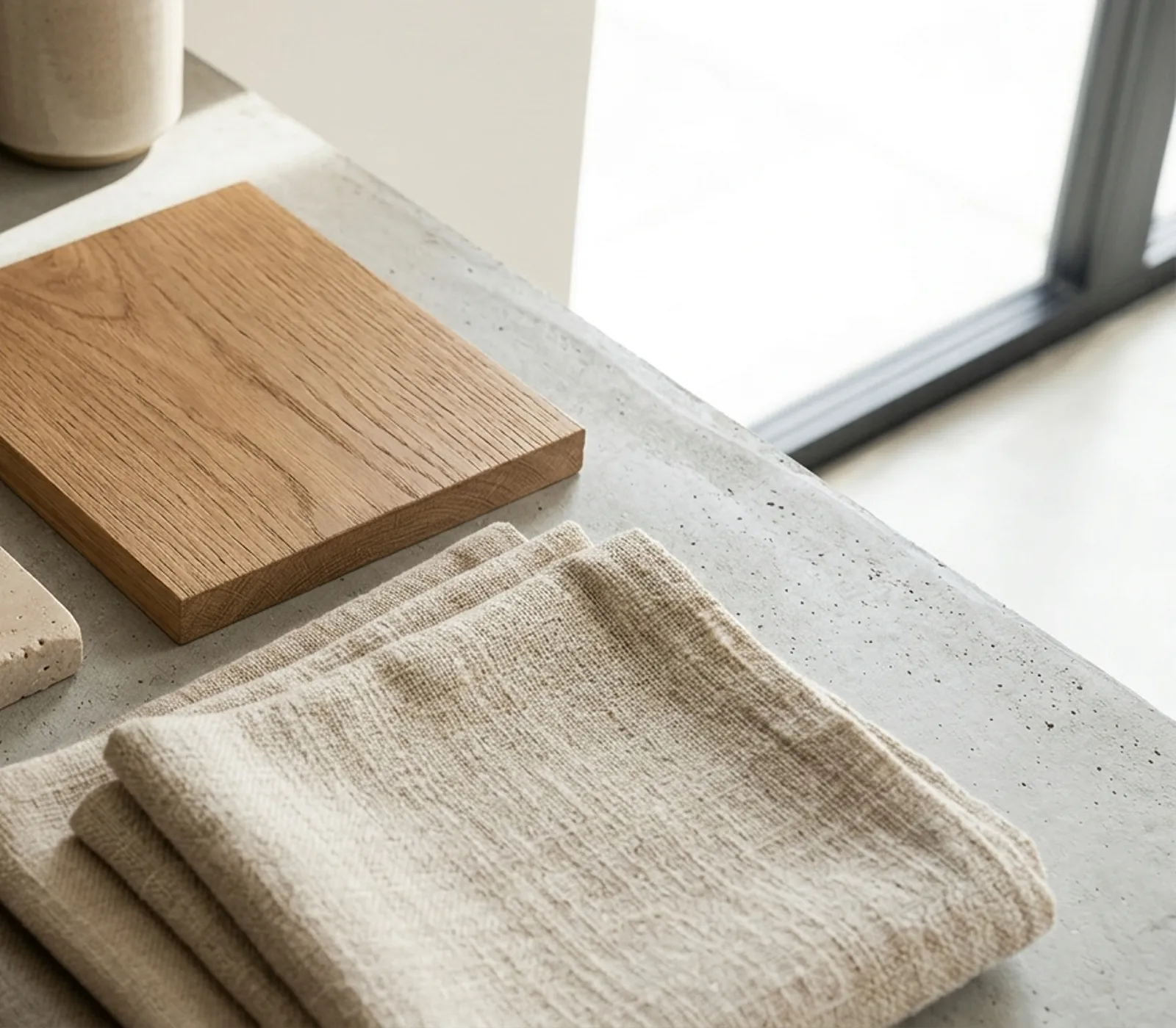 Close up of minimalist architectural materials, warm oak wood samples, honed travertine stone, and linen fabric