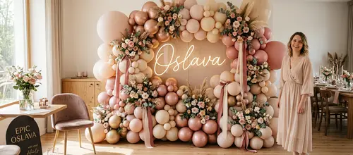 pastel luxury balloon wall with neon sign