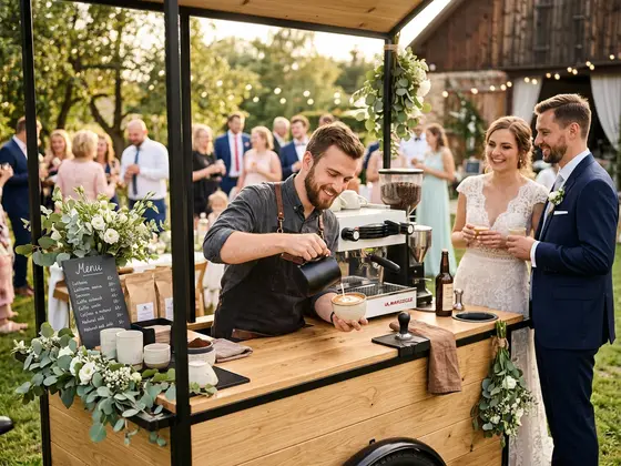 friendly barista pouring latte art at wedding reception