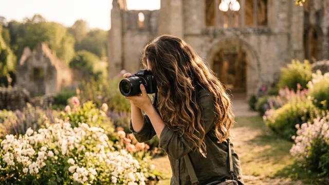 Vintage camera with dried flowers on table