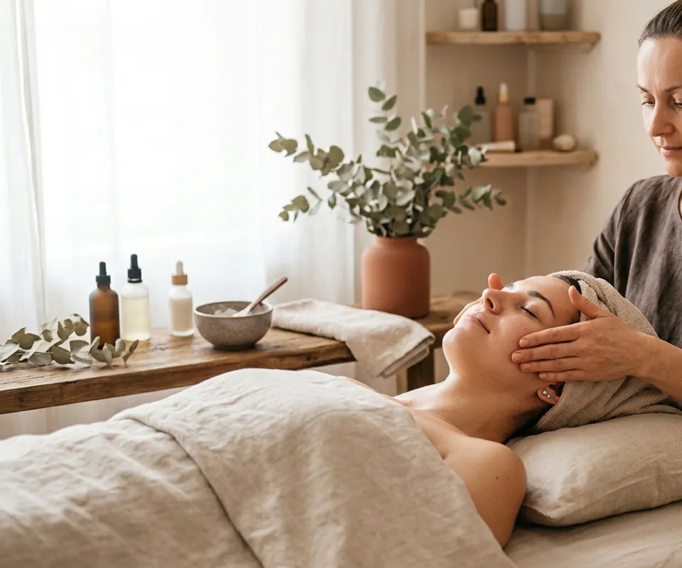 relaxing facial massage cosmetic care organic atmosphere