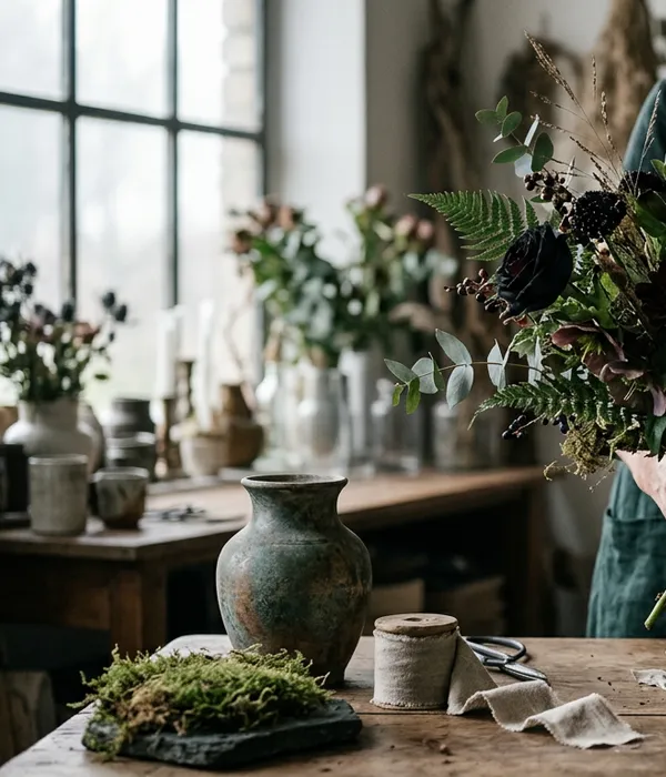 wild artistic dark botanical bouquet in moody atmospheric morning light