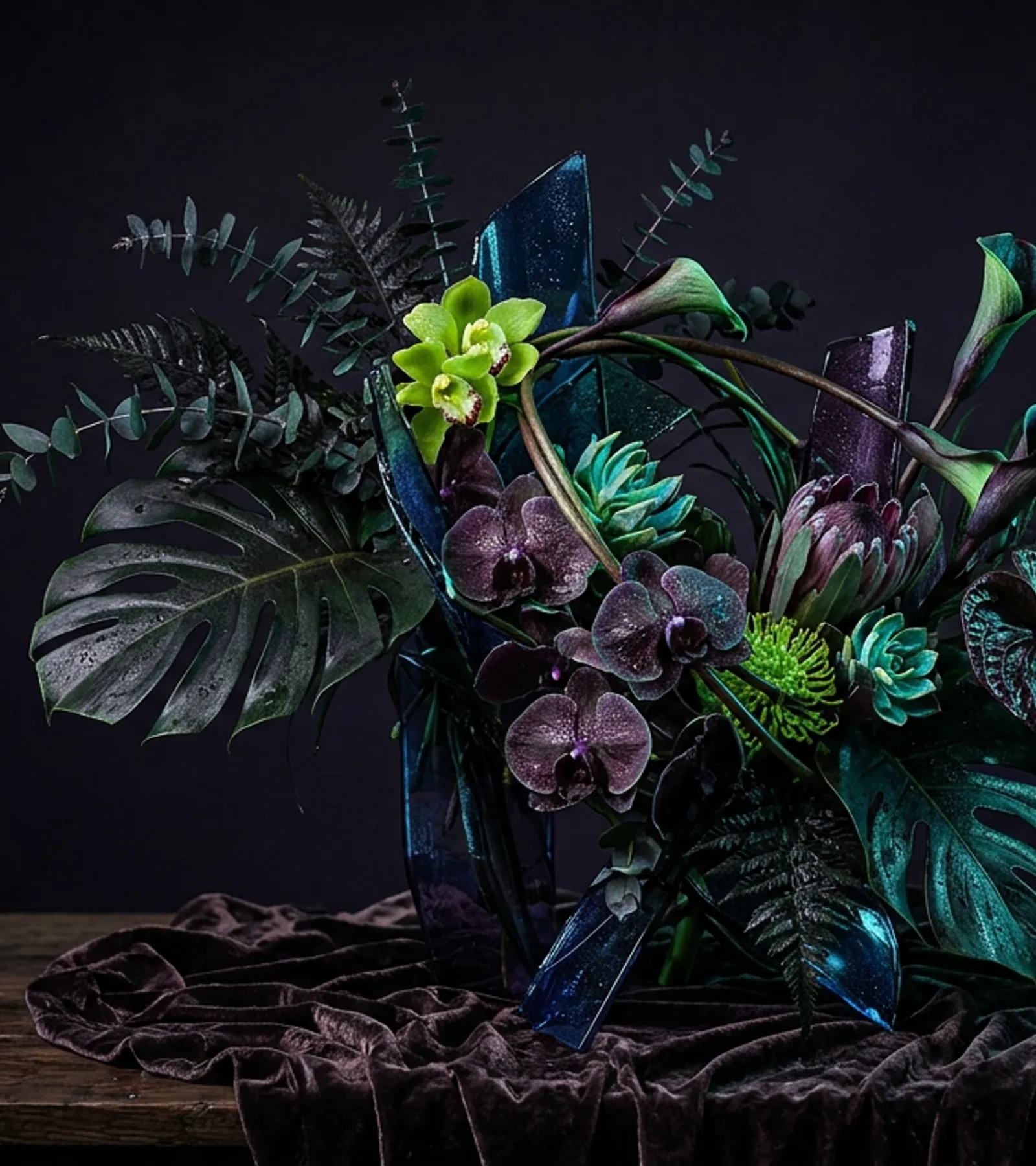 Sophisticated luxury botanical floral sculpture dark background