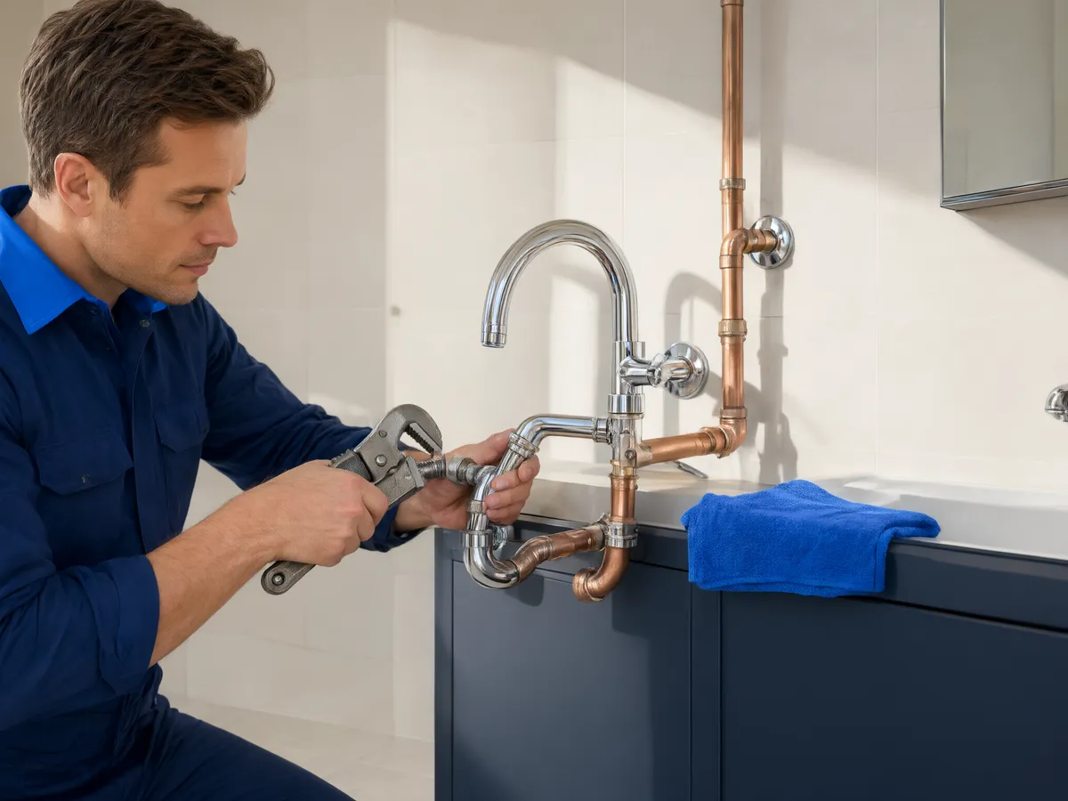 professional plumber repairing chrome bathroom fixtures