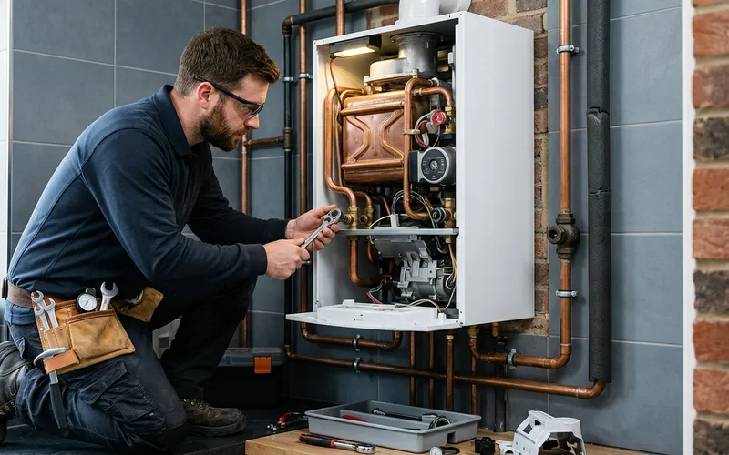 technician servicing a modern domestic heating boiler unit