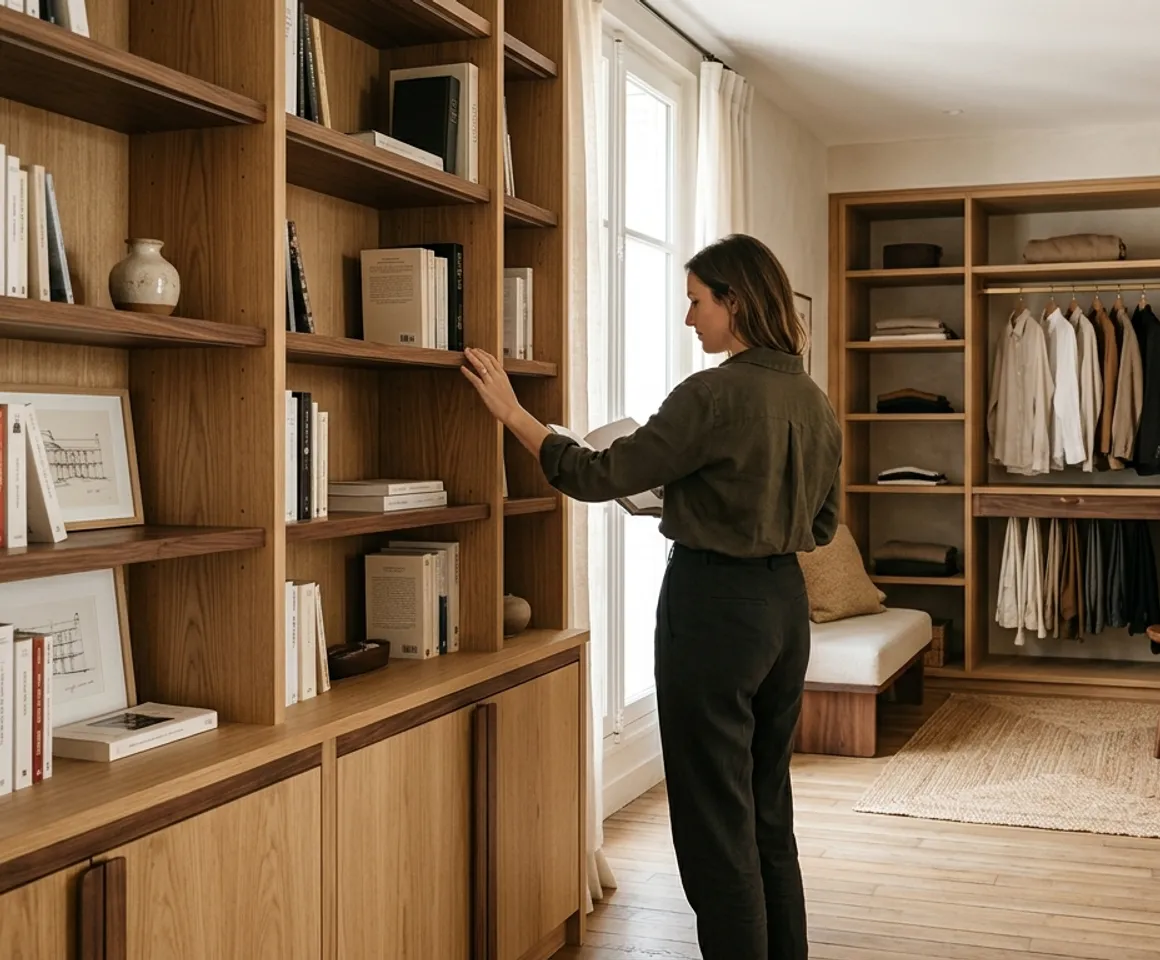 Custom high-end dressing and architectural wooden library in Parisian apartment
