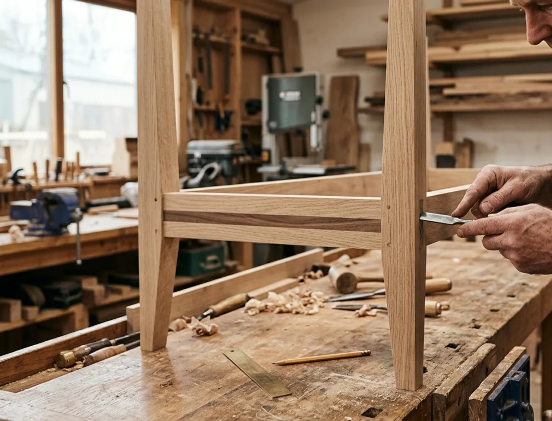 Artisan woodworker joinery detail solid oak furniture workshop