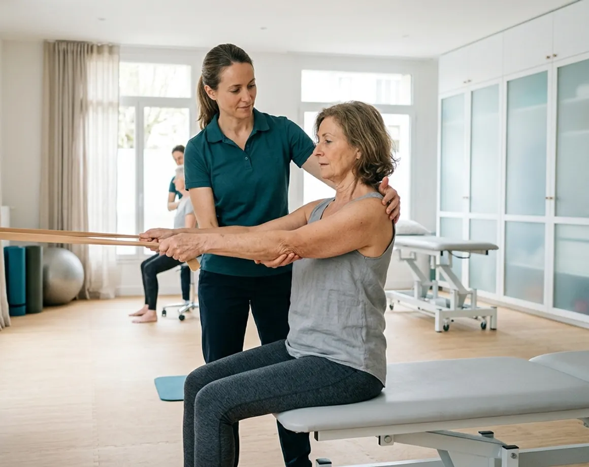 active physical rehabilitation session therapeutic guidance exercise clean clinic