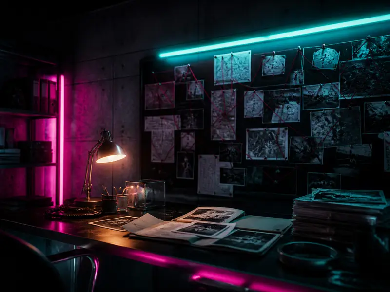 detective desk with case files, photos and red string clues