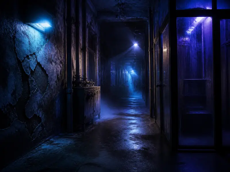 Abandoned eerie corridor cracked walls faint indigo overhead lighting