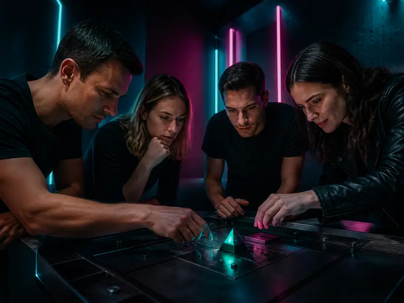 group of colleagues solving puzzle together around table, dim neon light