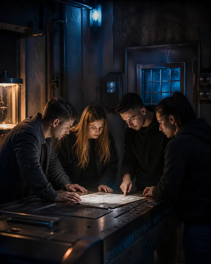 Colleagues discussing clues inside atmospheric industrial escape room