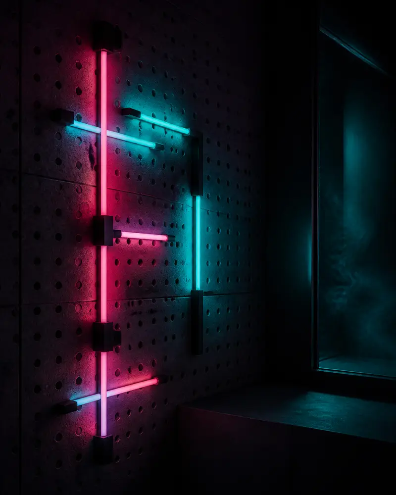 glowing neon tube light on perforated concrete wall in darkness