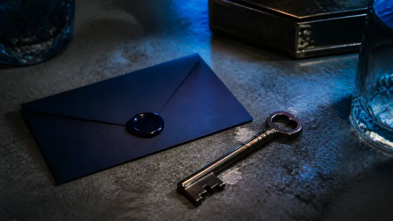 Antique brass key on concrete beside mysterious sealed envelope