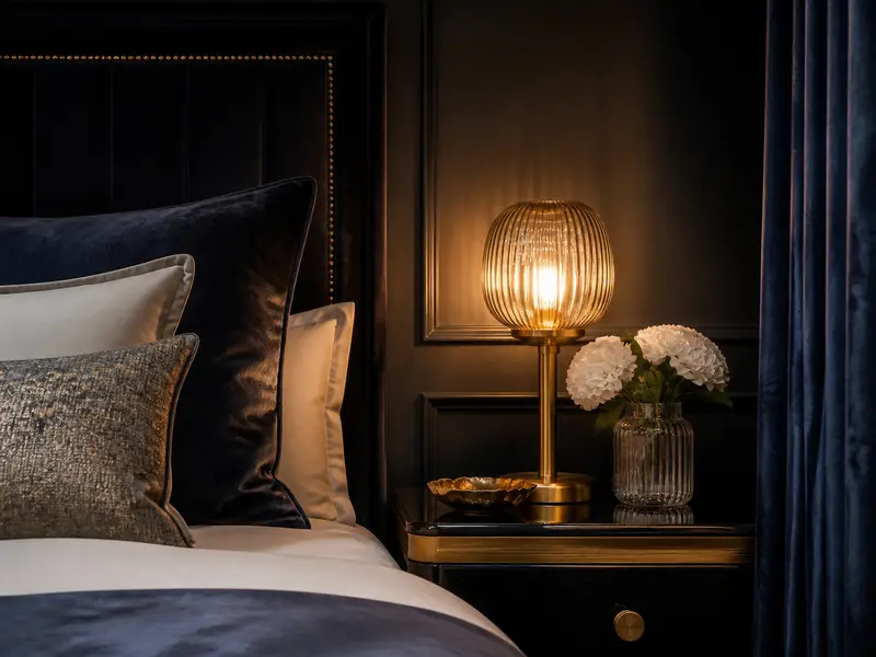 Romantic bedroom soft linen golden bedside lamps close view