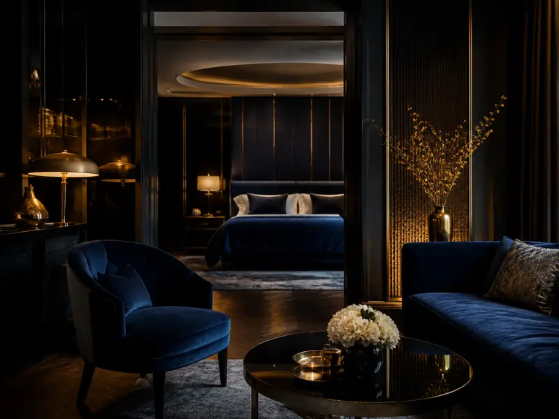 Elegant suite interior deep blue seating evening bedroom perspective
