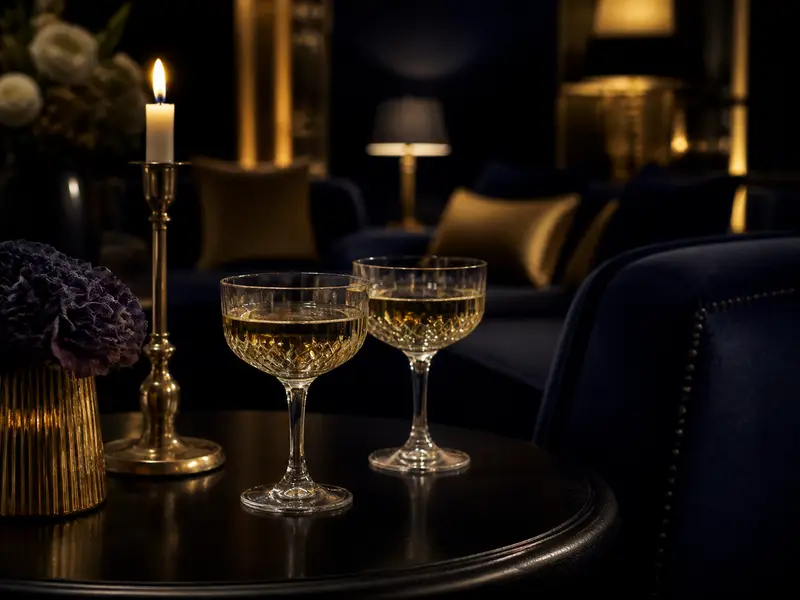 Closeup candlelit table two crystal glasses midnight intimate atmosphere