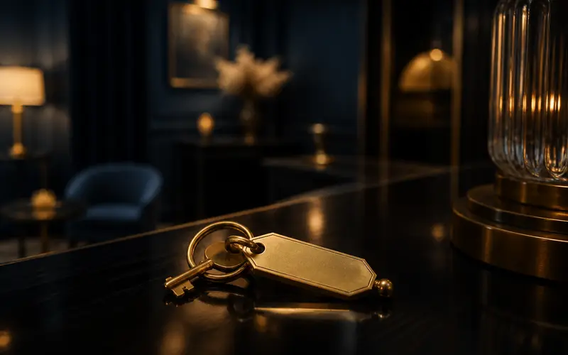 Boutique hotel brass room key resting on dark reception