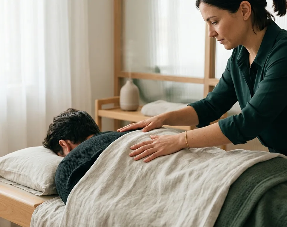 close up gentle manual therapy hands on back rehabilitation