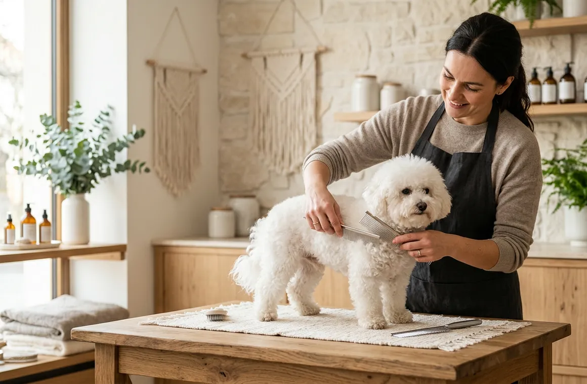 Professional dog groomer gently combing a fluffy dog in warm daylight salon interior
