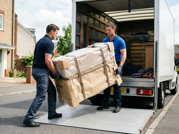 careful movers carrying wrapped furniture into van