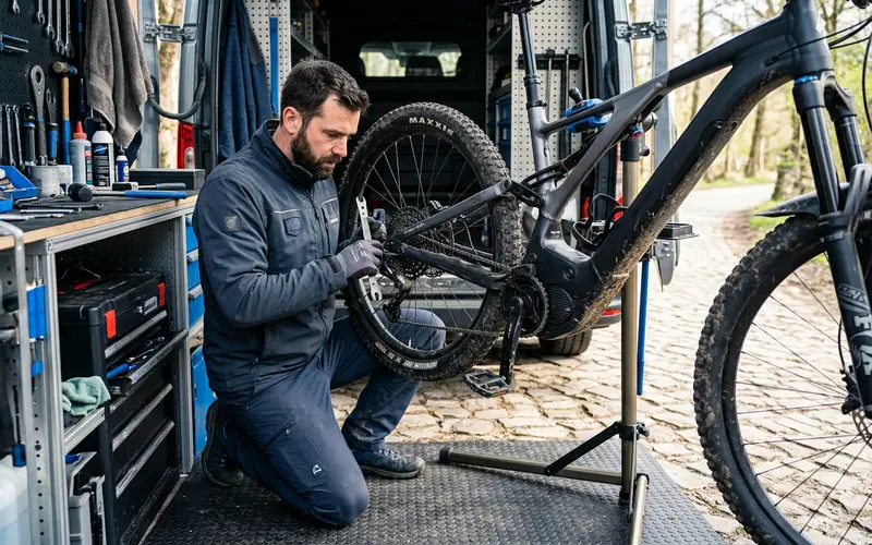 Professional bicycle mechanic servicing modern electric mountain bike