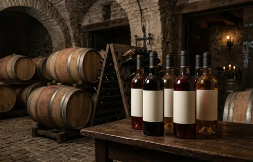 Wine bottles and oak barrels in authentic cellar