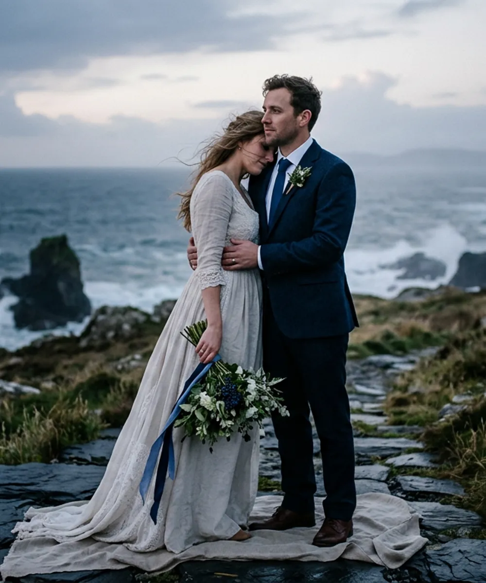 Intimate bride groom seaside natural dramatic light