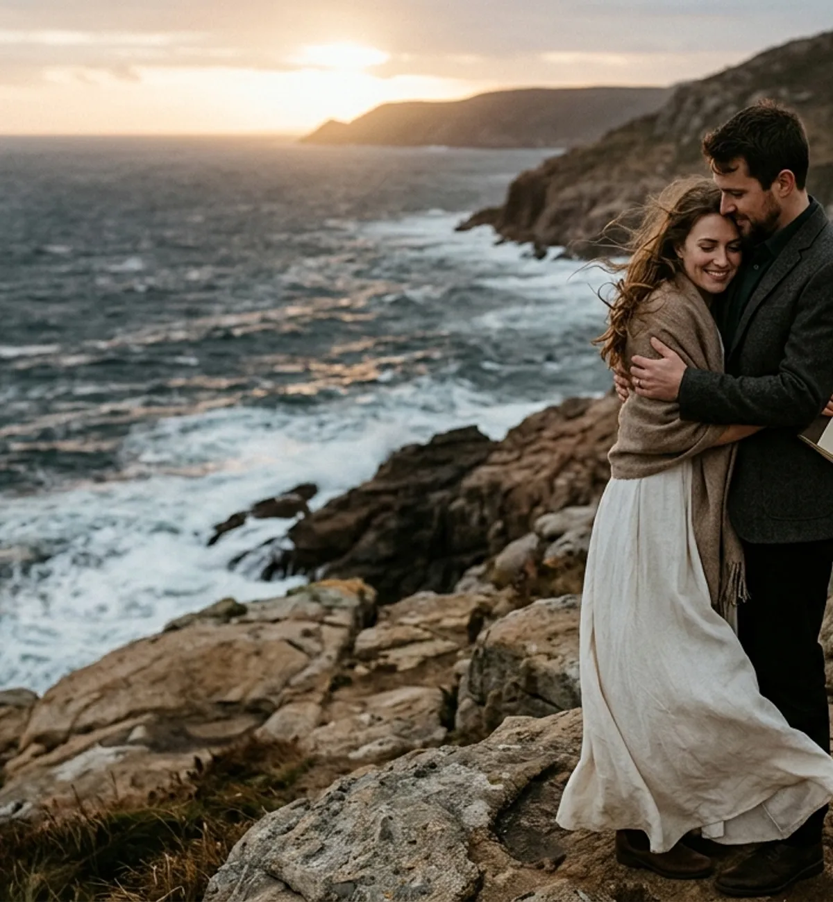 Intimate documentary wedding portrait by the rugged sea at twilight