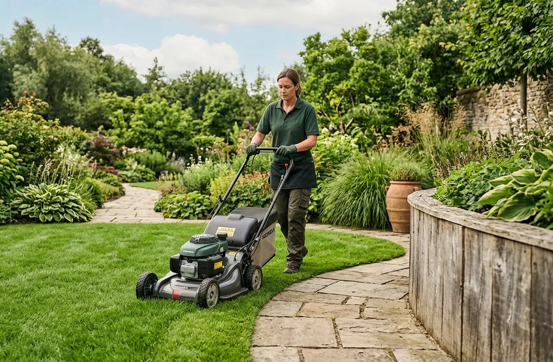 gardener trimming lush green garden lawn maintenance